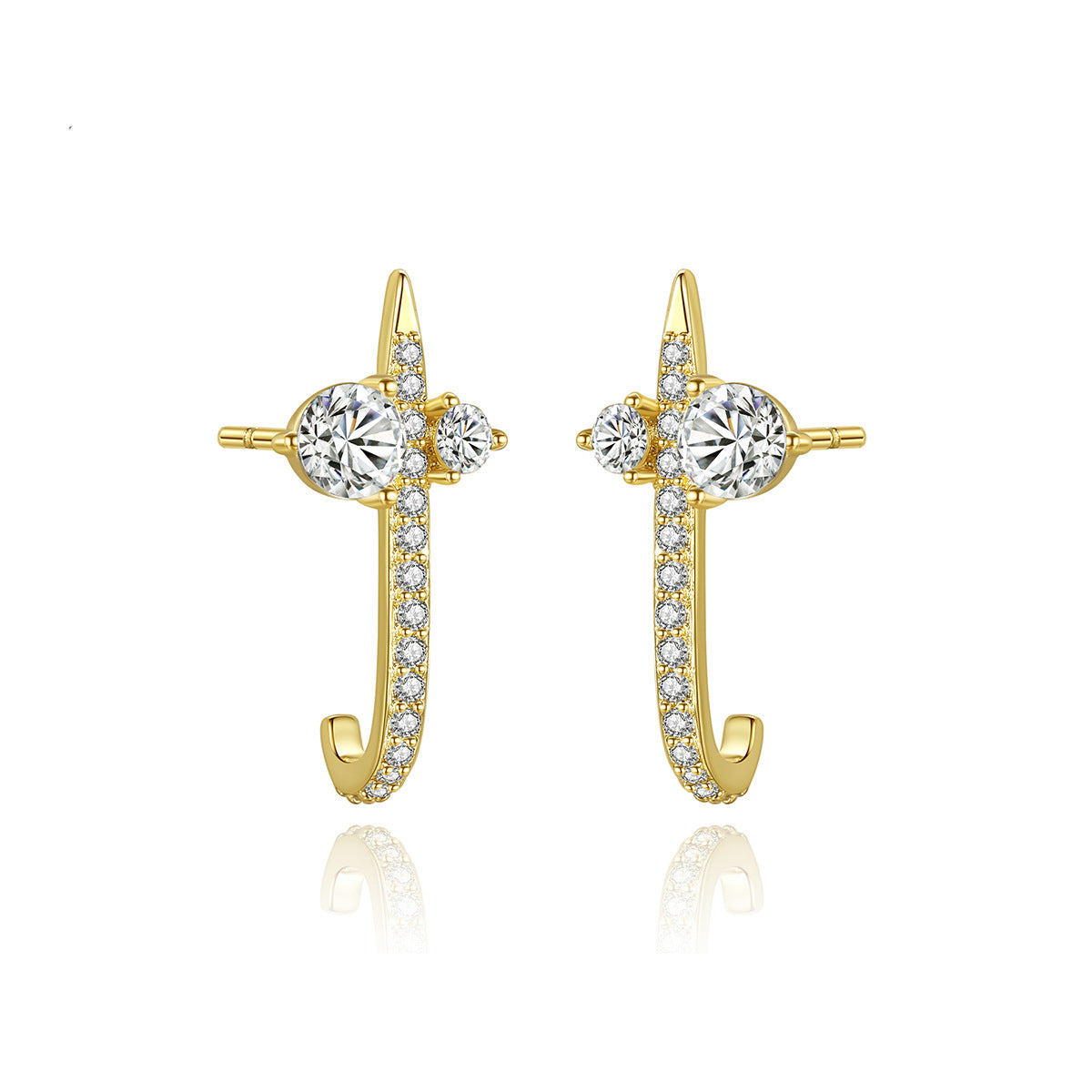 Crystal and Cubic Zirconia 18K Gold-Plated Curved Bar Drop Earrings, gold drop earrings for women, front view