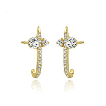 Crystal and Cubic Zirconia 18K Gold-Plated Curved Bar Drop Earrings, gold drop earrings for women, front view