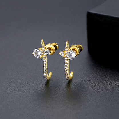 Crystal and Cubic Zirconia 18K Gold-Plated Curved Bar Drop Earrings, gold drop earrings for women, side view