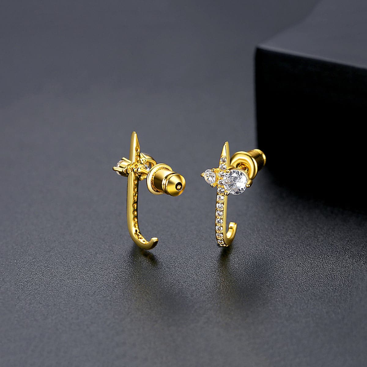 Crystal and Cubic Zirconia 18K Gold-Plated Curved Bar Drop Earrings, gold drop earrings for women, detail close-up