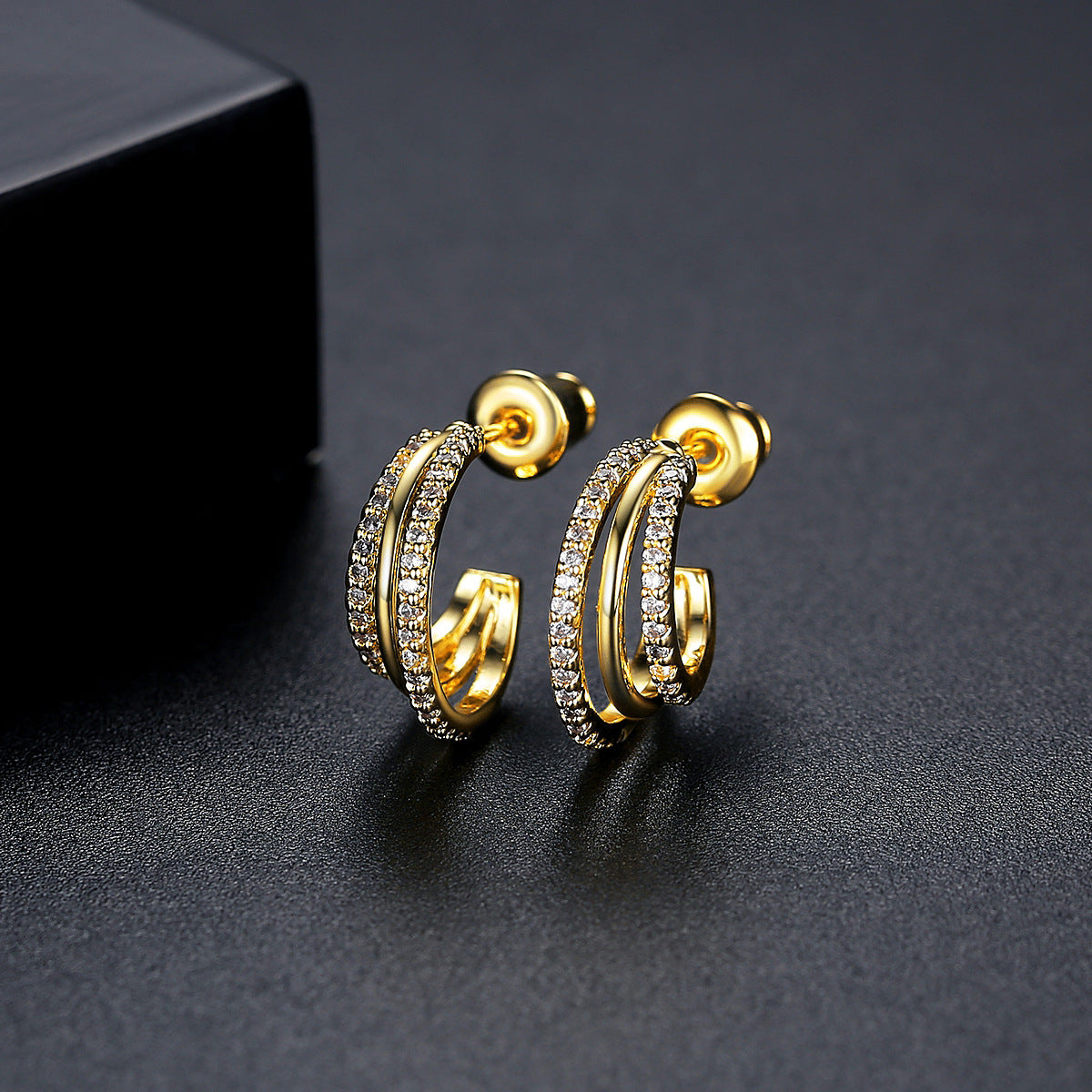 Cubic Zirconia and 18K Gold-Plated Layered Huggie Earrings, gold huggie earrings, everyday style, side view