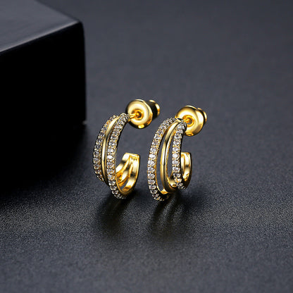 Cubic Zirconia and 18K Gold-Plated Layered Huggie Earrings, gold huggie earrings, everyday style, side view