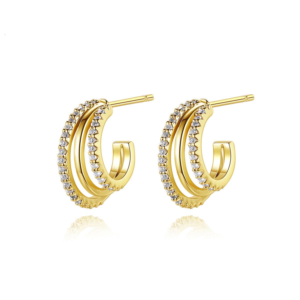Cubic Zirconia and 18K Gold-Plated Layered Huggie Earrings, gold huggie earrings, everyday style, front view