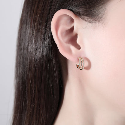 Cubic Zirconia and 18K Gold-Plated Layered Huggie Earrings, gold huggie earrings, everyday style, lifestyle look