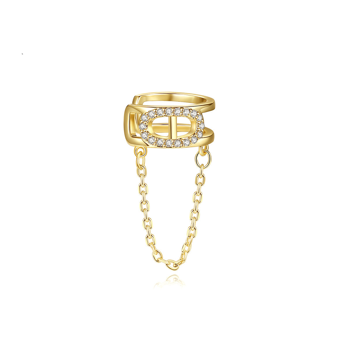 Cubic Zirconia and 18K Gold-Plated Chain Ear Cuff, gold drop earrings for women, dainty minimalist design, front view