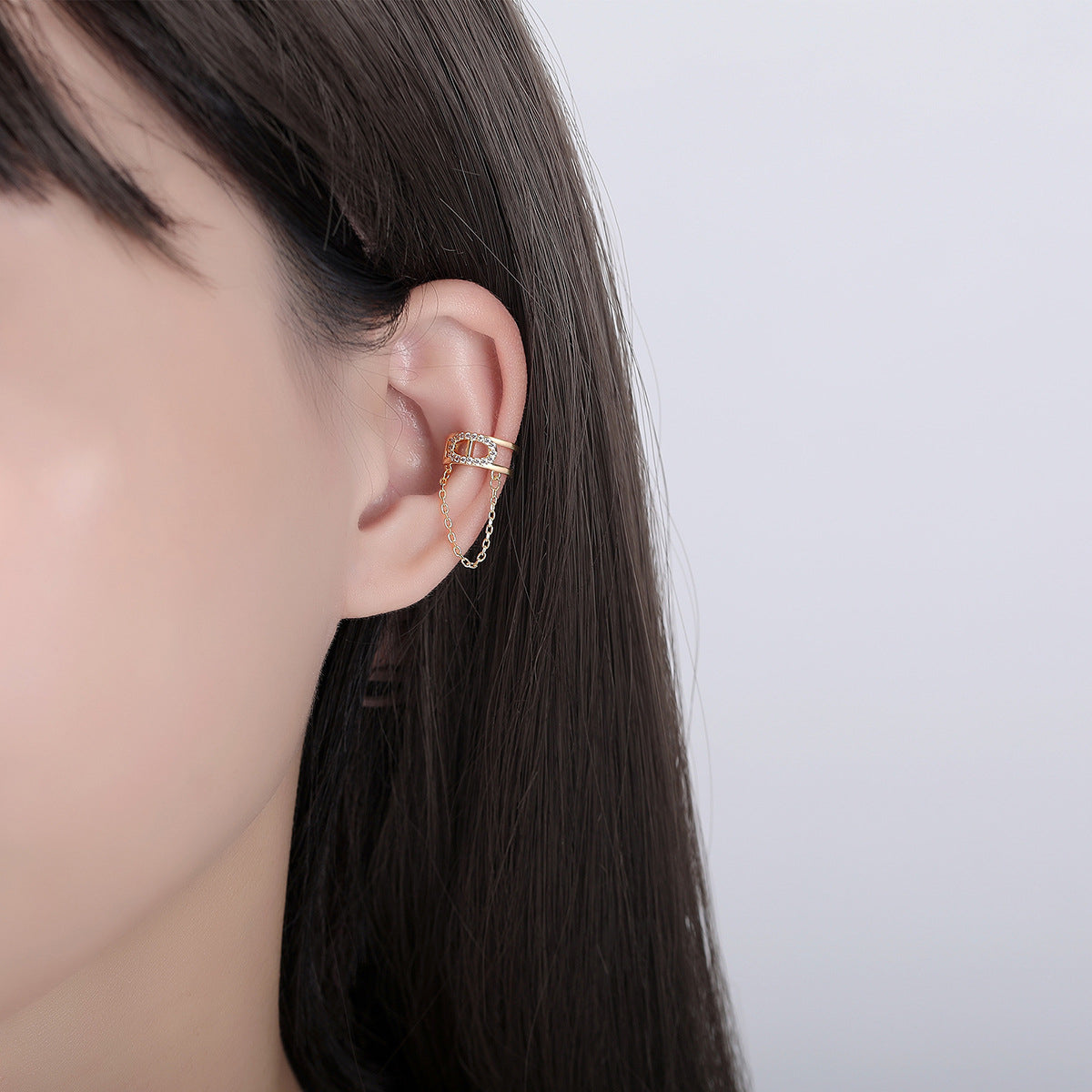 Cubic Zirconia and 18K Gold-Plated Chain Ear Cuff, gold drop earrings for women, dainty minimalist design, lifestyle look