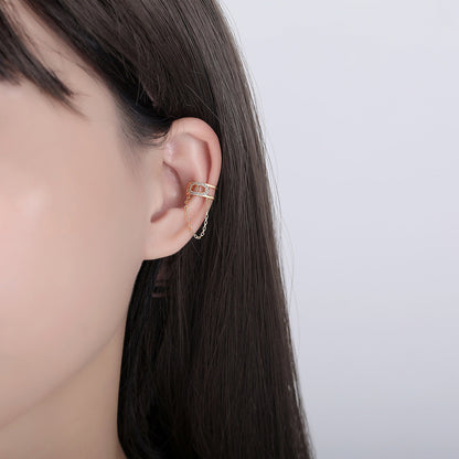 Cubic Zirconia and 18K Gold-Plated Chain Ear Cuff, gold drop earrings for women, dainty minimalist design, lifestyle look