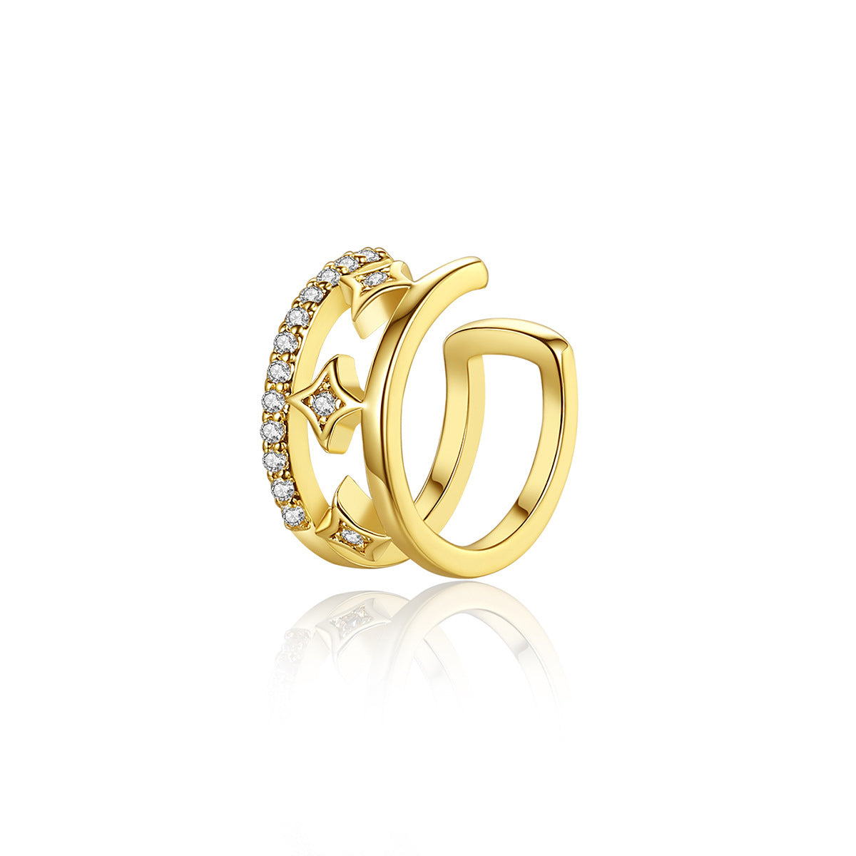 Cubic Zirconia and 18K Gold-Plated Star Layered Ear Cuff, gold stud earrings for women, botanical inspired, front view