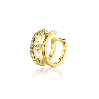 Cubic Zirconia and 18K Gold-Plated Star Layered Ear Cuff, gold stud earrings for women, botanical inspired, front view