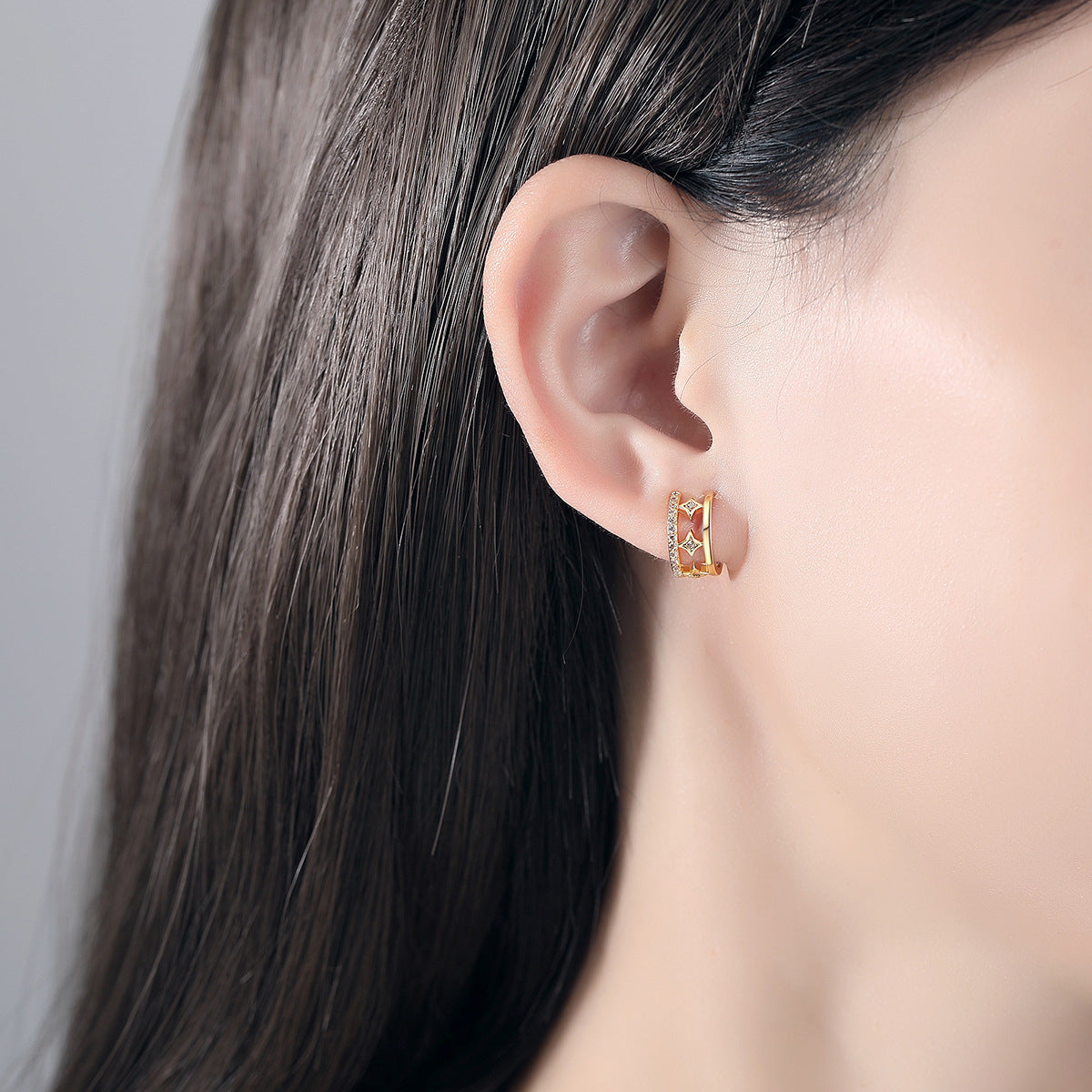 Cubic Zirconia and 18K Gold-Plated Star Layered Ear Cuff, gold stud earrings for women, botanical inspired, lifestyle look