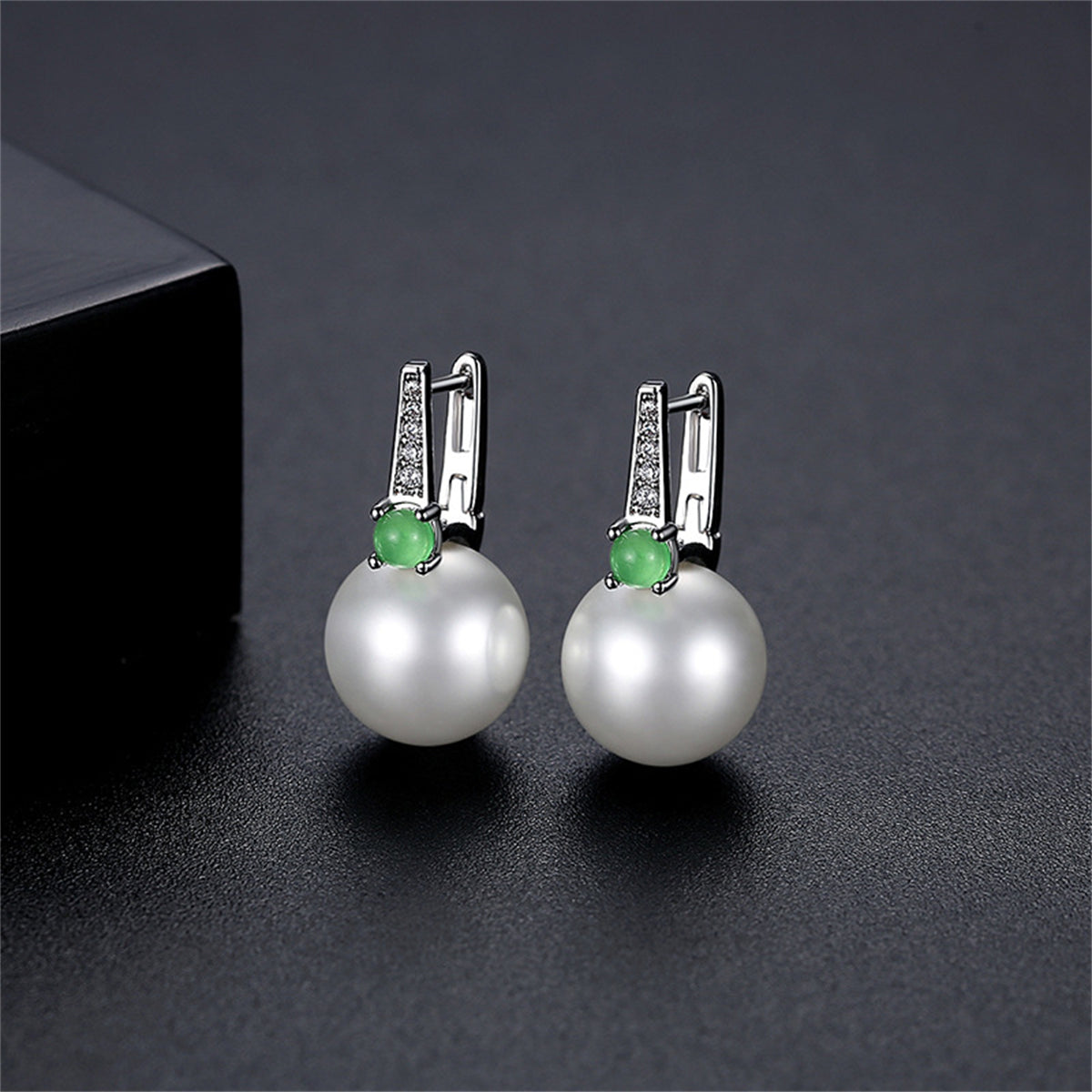 Jade and Cubic Zirconia Silver-Plated Huggie Earrings, silver huggie earrings, elegant gift for her, side view