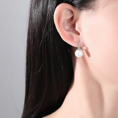 Jade and Cubic Zirconia Silver-Plated Huggie Earrings, silver huggie earrings, elegant gift for her, front view