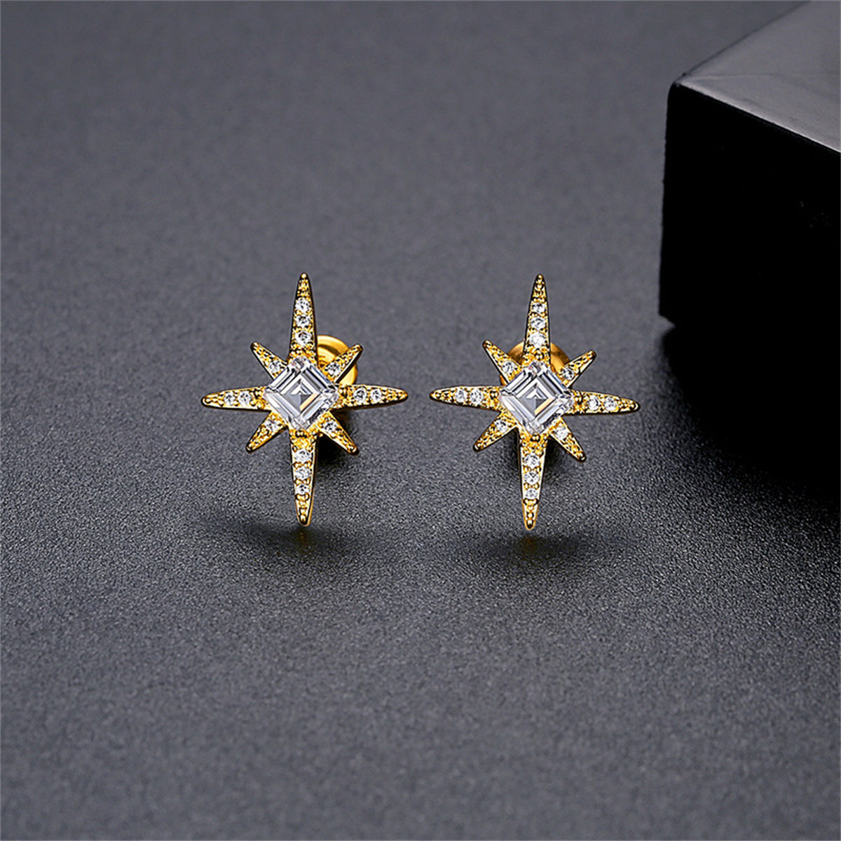 Crystal and Cubic Zirconia 18K Gold-Plated Star Stud Earrings, gold stud earrings for women, elegant gift for her, side view