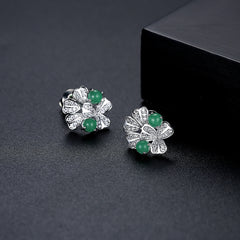 Jade & Cubic Zirconia Silver-Plated Clover Cluster Stud Earrings