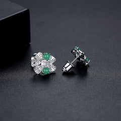 Jade & Cubic Zirconia Silver-Plated Clover Cluster Stud Earrings