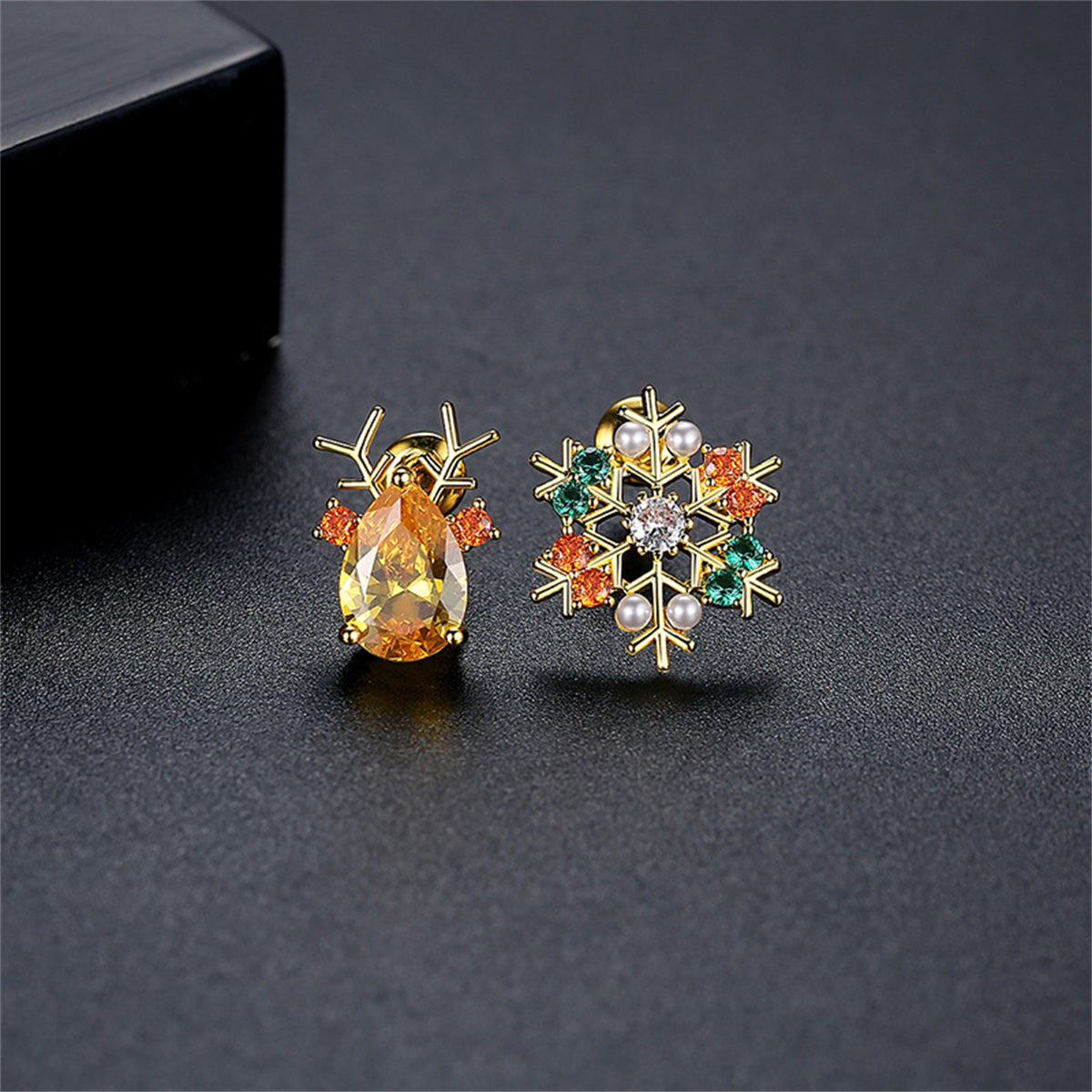 Pearl & Yellow Crystal Mismatch Antler Snowflake Stud Earrings