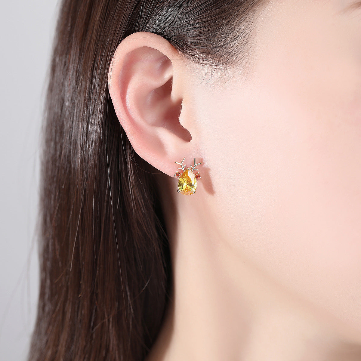 Pearl & Yellow Crystal Mismatch Antler Snowflake Stud Earrings
