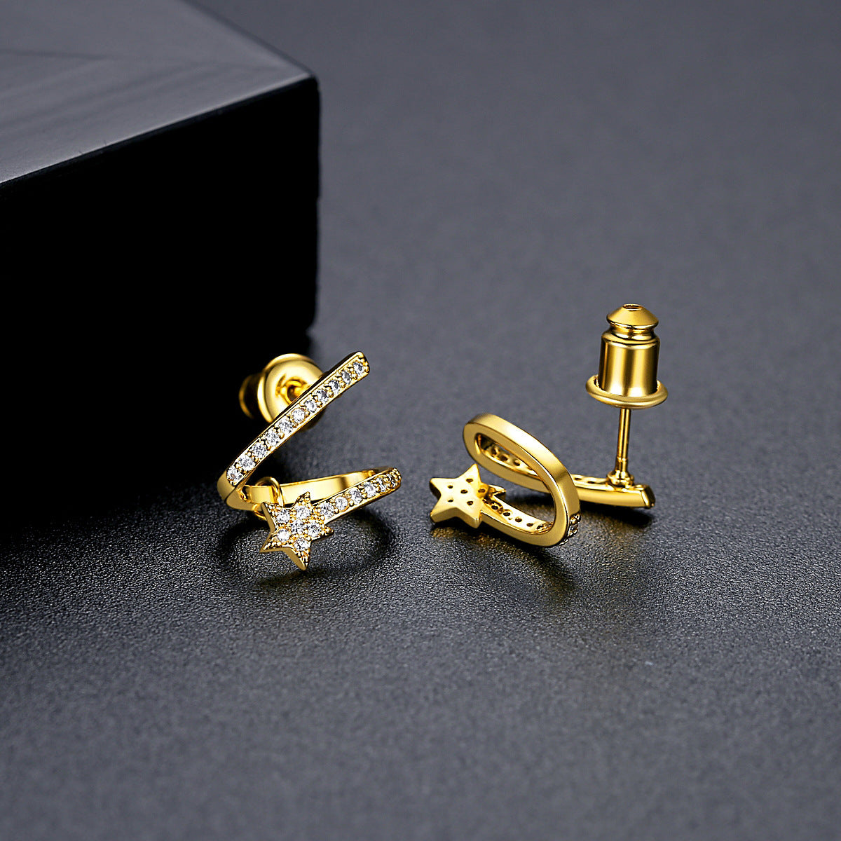 Cubic Zirconia and 18K Gold-Plated Star Stud Earrings, gold stud earrings for women, detail close-up
