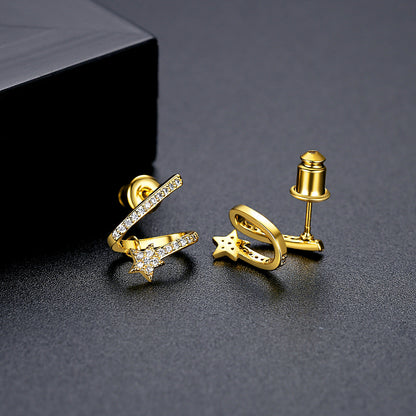 Cubic Zirconia and 18K Gold-Plated Star Stud Earrings, gold stud earrings for women, detail close-up