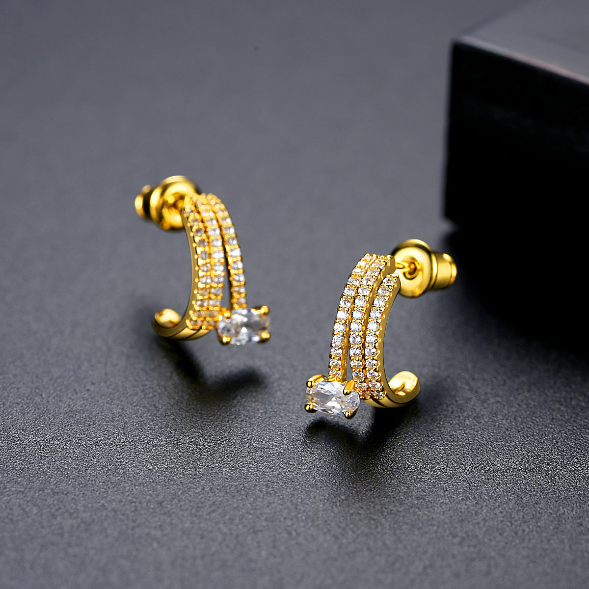 Crystal and 18K Gold-Plated Cubic Zirconia-Accent Layered Huggie Earrings, gold huggie earrings, everyday style, front view