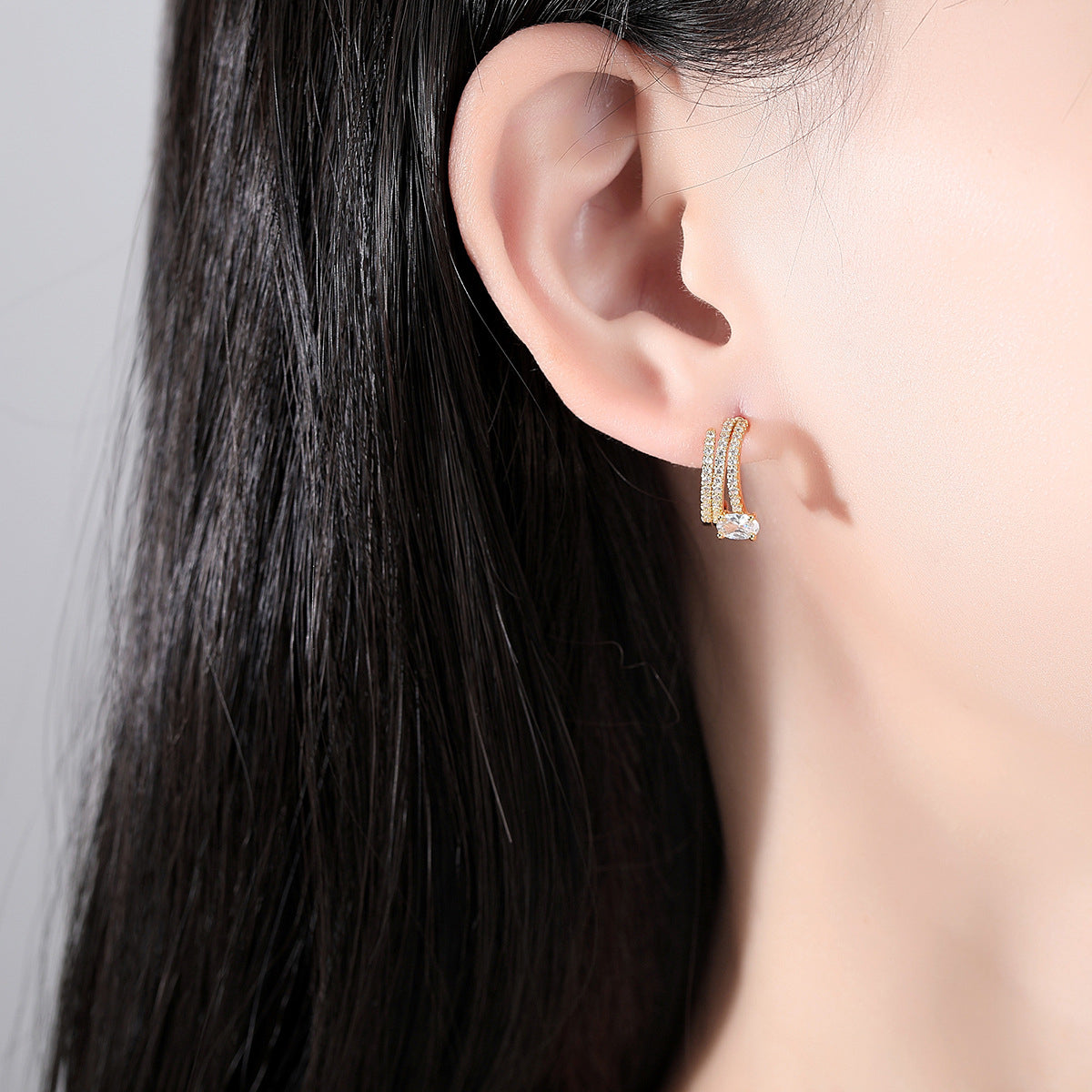 Crystal and 18K Gold-Plated Cubic Zirconia-Accent Layered Huggie Earrings, gold huggie earrings, everyday style, styled look