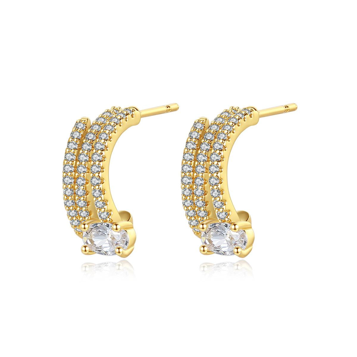 Crystal and 18K Gold-Plated Cubic Zirconia-Accent Layered Huggie Earrings, gold huggie earrings, everyday style, side view
