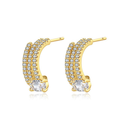 Crystal and 18K Gold-Plated Cubic Zirconia-Accent Layered Huggie Earrings, gold huggie earrings, everyday style, side view
