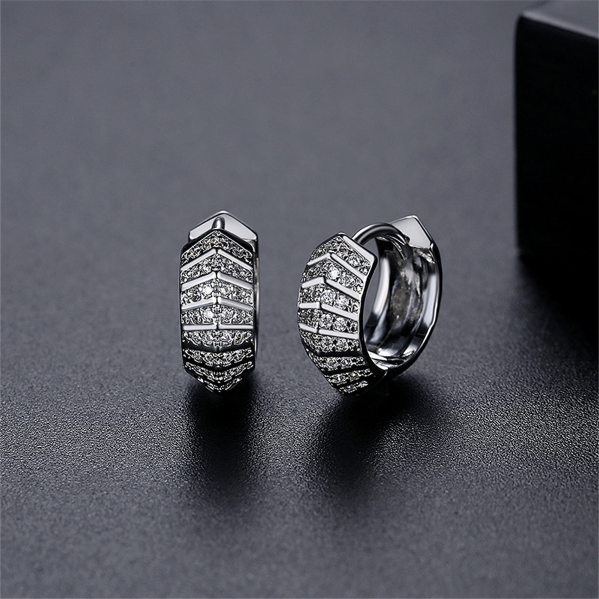Cubic Zirconia and Silver-Plated Herringbone Huggie Earrings, silver huggie earrings, elegant gift for her, front view