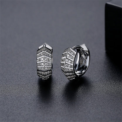 Cubic Zirconia and Silver-Plated Herringbone Huggie Earrings, silver huggie earrings, elegant gift for her, front view