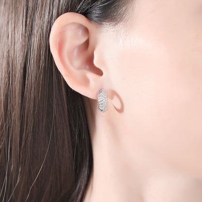 Cubic Zirconia and Silver-Plated Herringbone Huggie Earrings, silver huggie earrings, elegant gift for her, side view