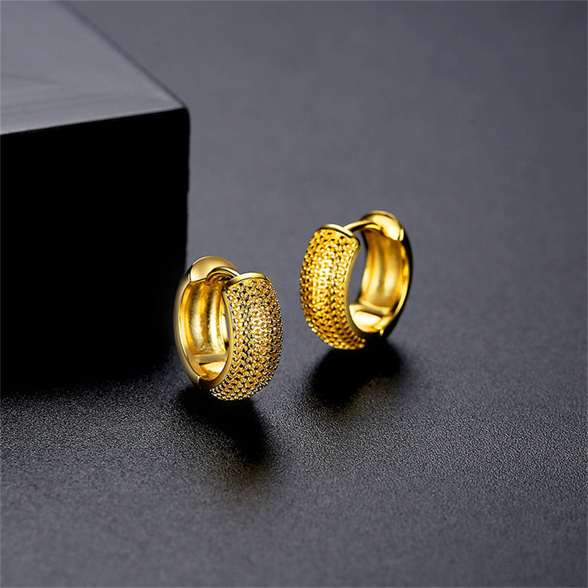 18K Gold-Plated Textured Huggie Earrings, gold huggie earrings, vintage-inspired design, side view