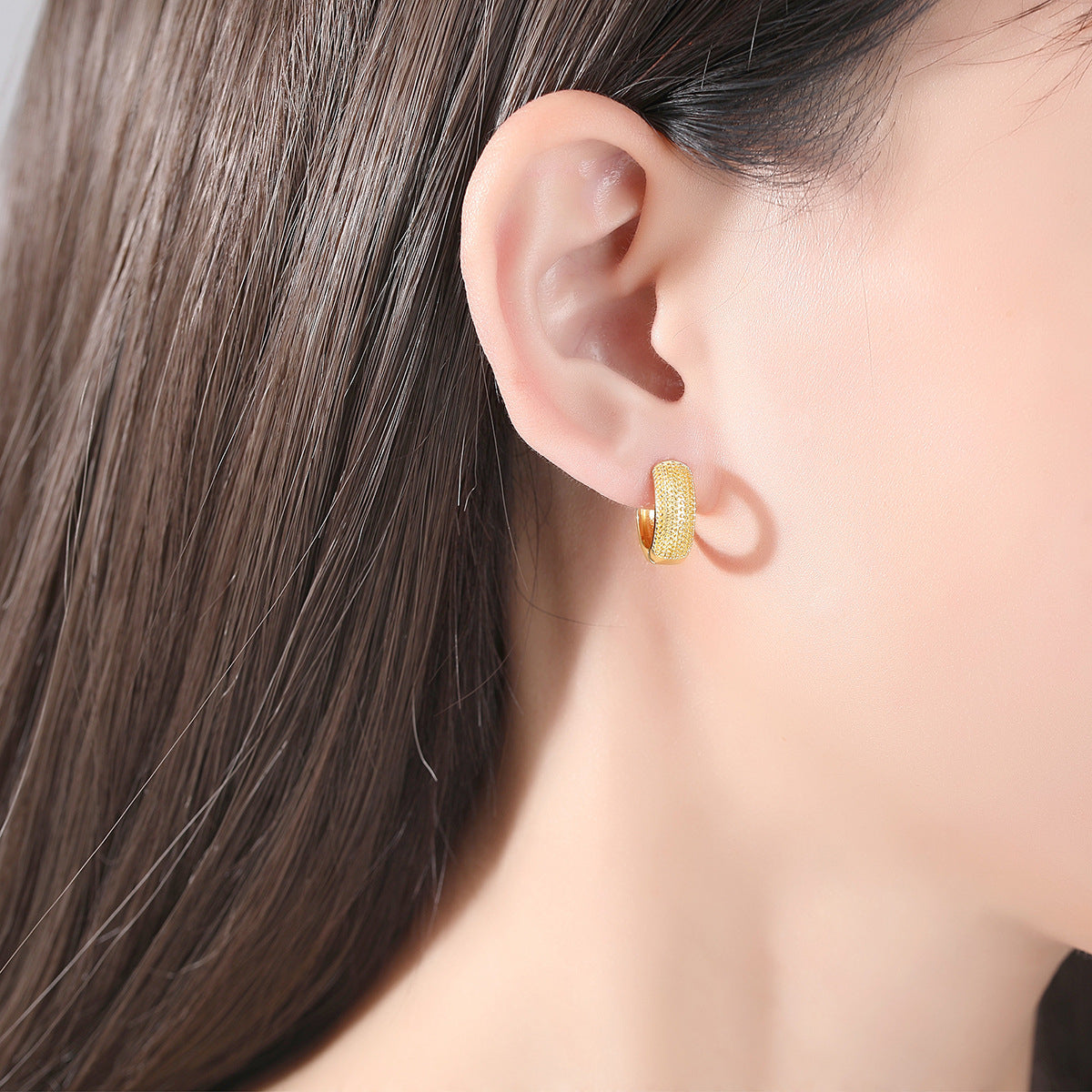 18K Gold-Plated Textured Huggie Earrings, gold huggie earrings, vintage-inspired design, front view