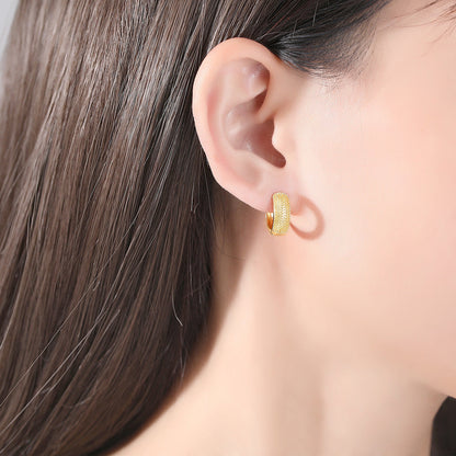 18K Gold-Plated Textured Huggie Earrings, gold huggie earrings, vintage-inspired design, front view