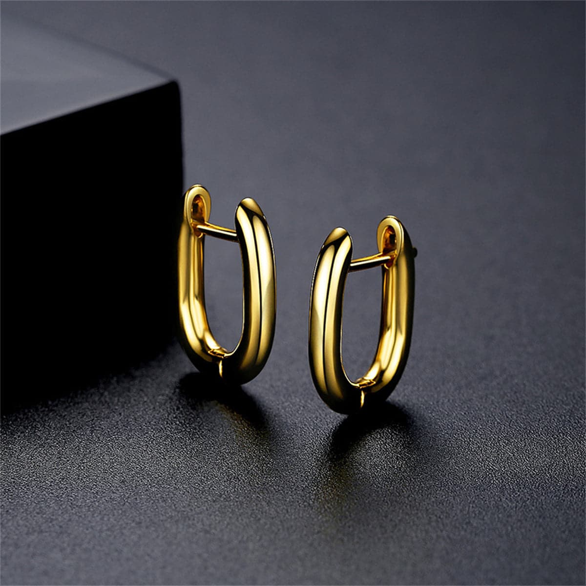 18K Gold-Plated U-Shape Huggie Earrings, gold huggie earrings, everyday style, front view