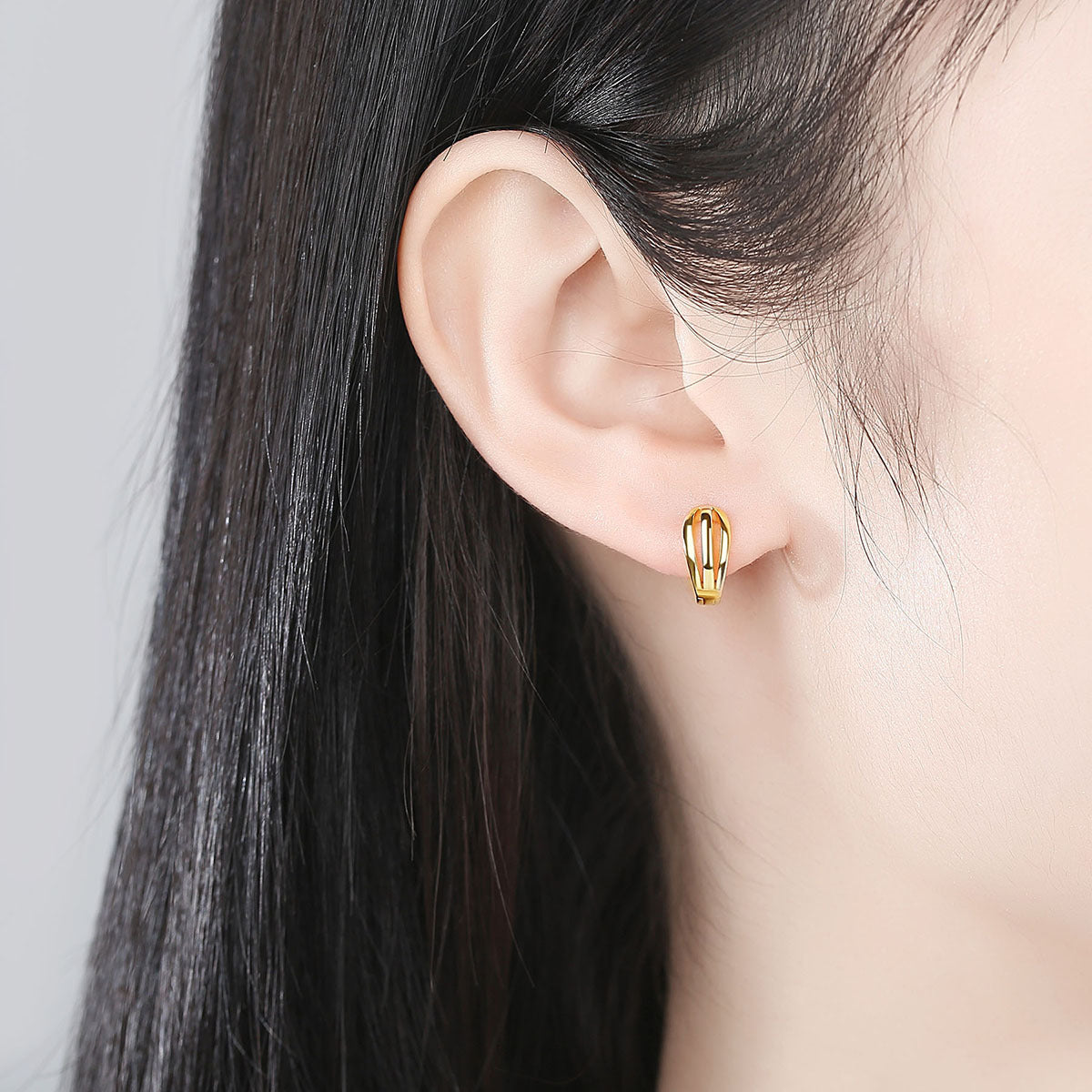 18K Gold-Plated Salix Leaf Huggie Earrings, gold huggie earrings, everyday style, front view