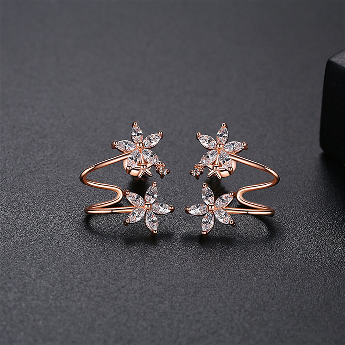 Crystal and 18K Rose Gold-Plated Double Flower Stud Earrings, rose gold stud earrings for women, side view