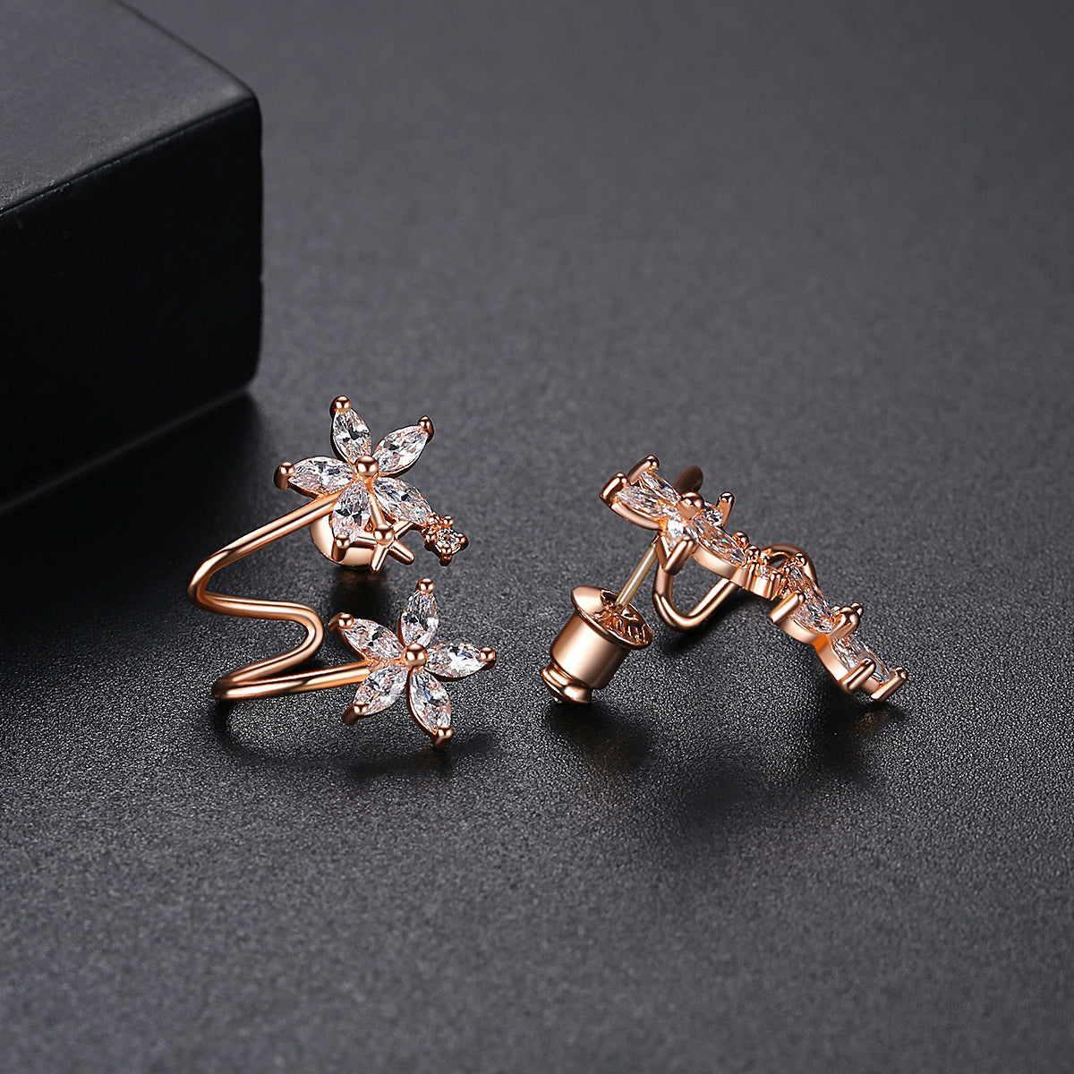 Crystal and 18K Rose Gold-Plated Double Flower Stud Earrings, rose gold stud earrings for women, detail close-up