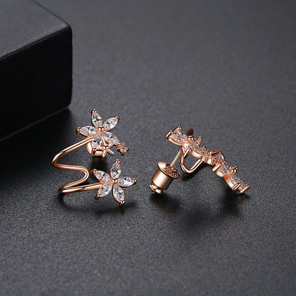 Crystal and 18K Rose Gold-Plated Double Flower Stud Earrings, rose gold stud earrings for women, detail close-up