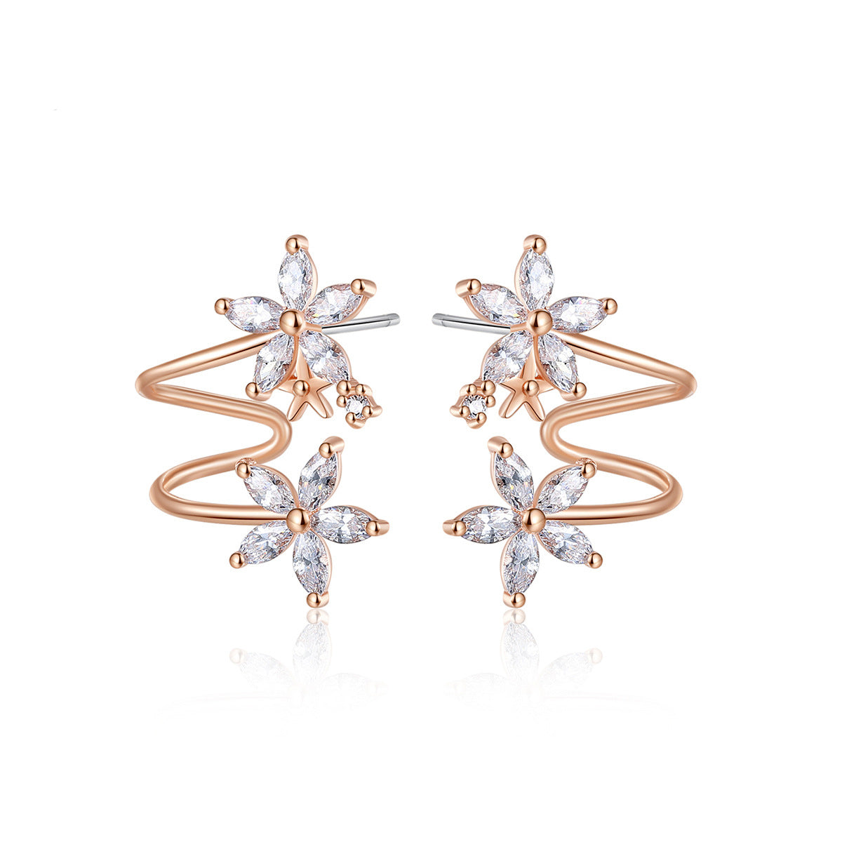 Crystal and 18K Rose Gold-Plated Double Flower Stud Earrings, rose gold stud earrings for women, front view