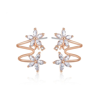 Crystal and 18K Rose Gold-Plated Double Flower Stud Earrings, rose gold stud earrings for women, front view