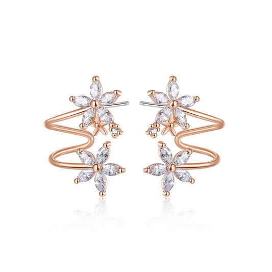 Crystal and 18K Rose Gold-Plated Double Flower Stud Earrings, rose gold stud earrings for women, front view