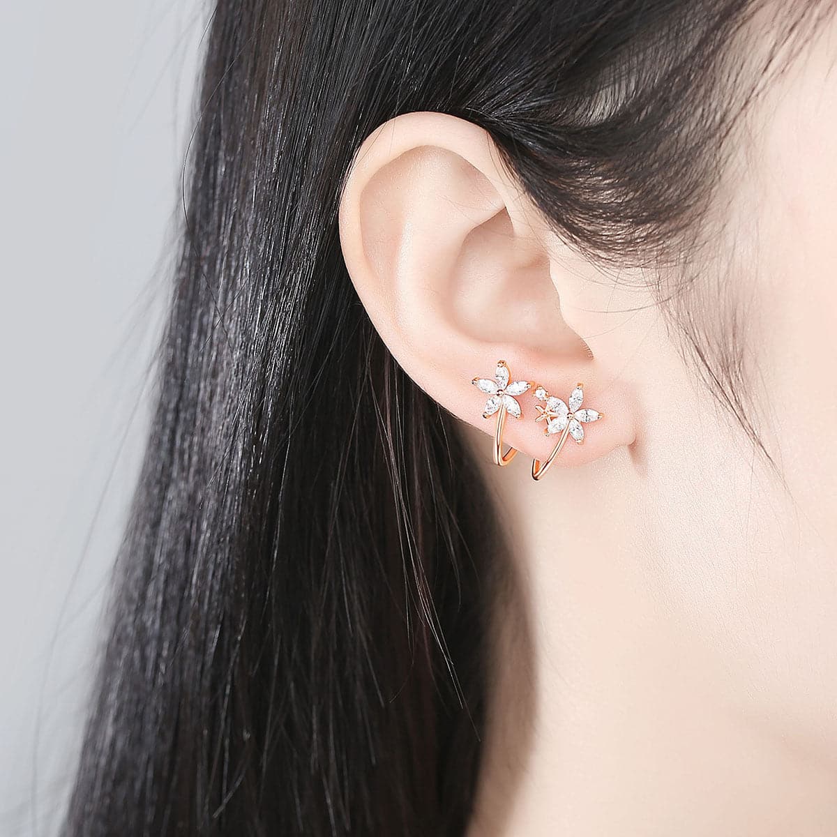 Crystal and 18K Rose Gold-Plated Double Flower Stud Earrings, rose gold stud earrings for women, lifestyle look
