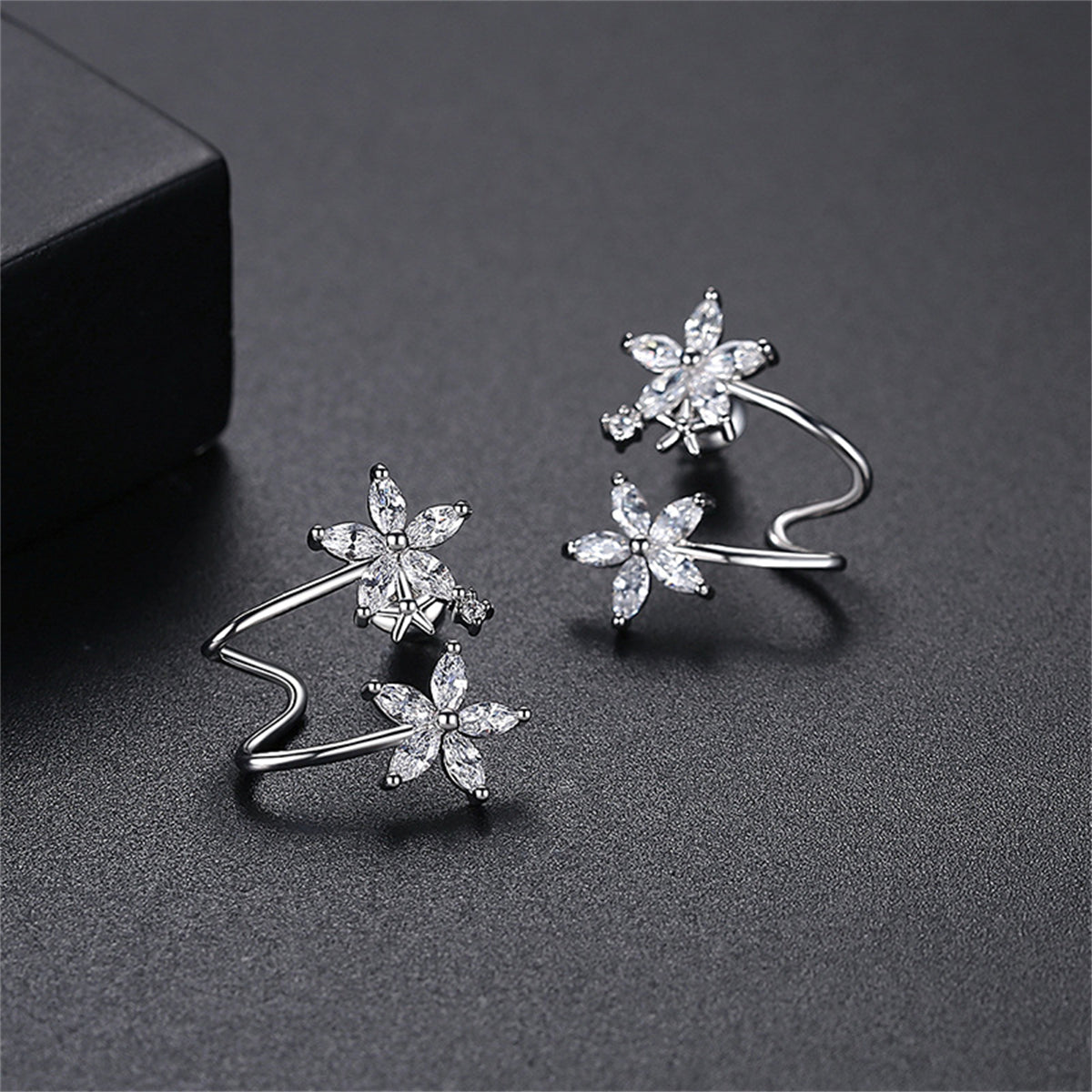 Crystal and Silver-Plated Double Flower Stud Earrings, silver stud earrings for women, dainty minimalist design, front view