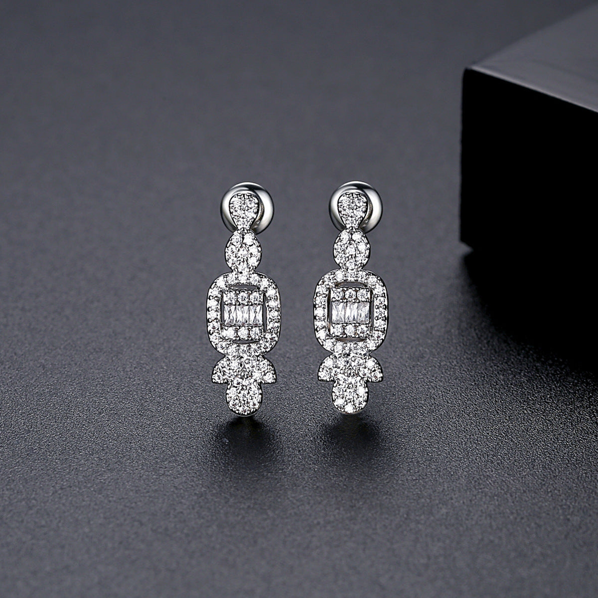 Crystal and Cubic Zirconia Geometric Drop Earrings, drop earrings for women, dainty minimalist design, detail close-up