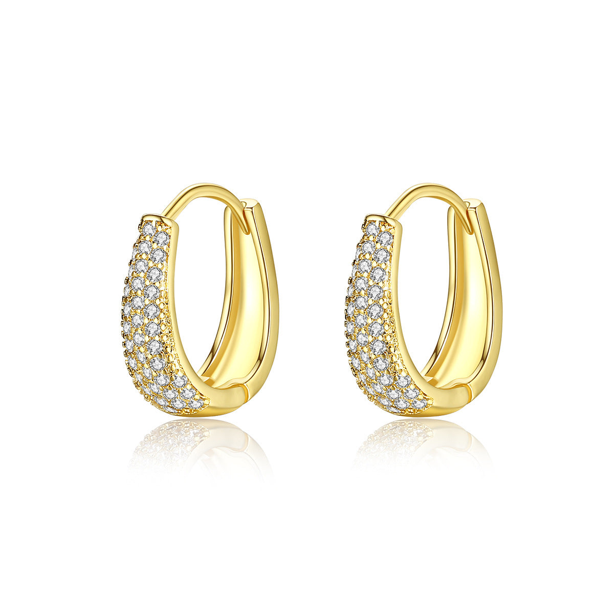 Cubic Zirconia and 18K Gold-Plated U-Shape Huggie Earrings, gold huggie earrings, dainty minimalist design, front view