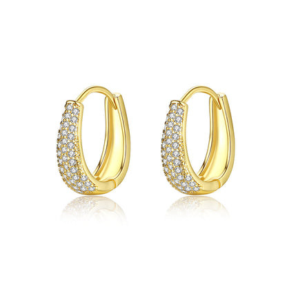 Cubic Zirconia and 18K Gold-Plated U-Shape Huggie Earrings, gold huggie earrings, dainty minimalist design, front view