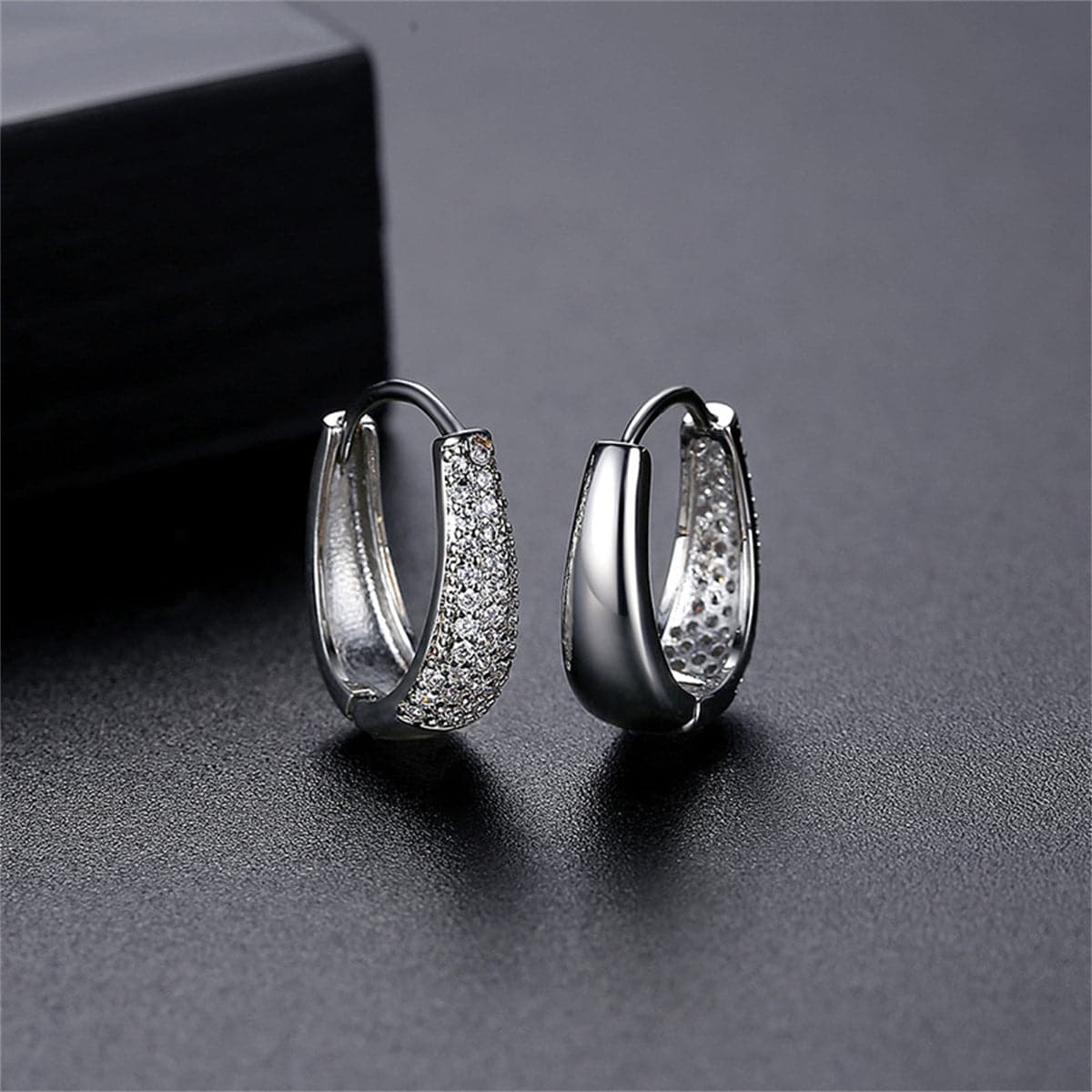 Cubic Zirconia and Silver-Plated U Huggie Earrings, silver huggie earrings, elegant gift for her, front view