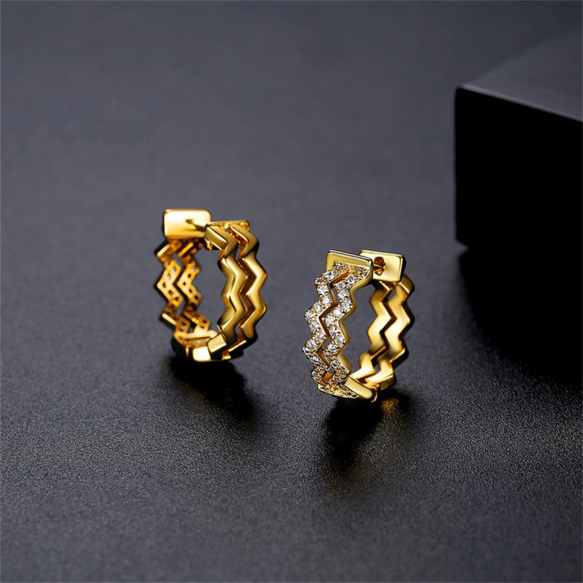 Cubic Zirconia and 18K Gold-Plated Layered Wave Huggie Earrings, gold huggie earrings, botanical inspired, side view