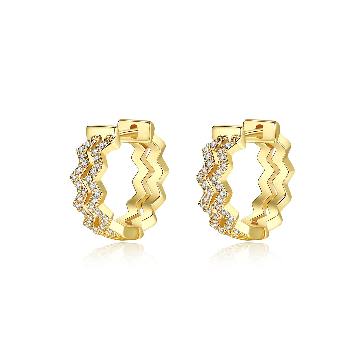 Cubic Zirconia and 18K Gold-Plated Layered Wave Huggie Earrings, gold huggie earrings, botanical inspired, front view