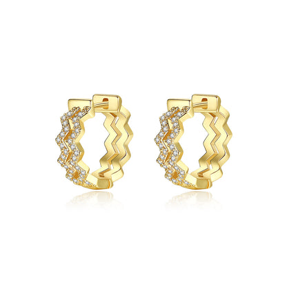 Cubic Zirconia and 18K Gold-Plated Layered Wave Huggie Earrings, gold huggie earrings, botanical inspired, front view